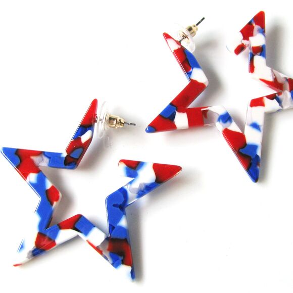Acetate Patriotic Red White And Blue Star-shaped Earrings - Picture 2 of 4
